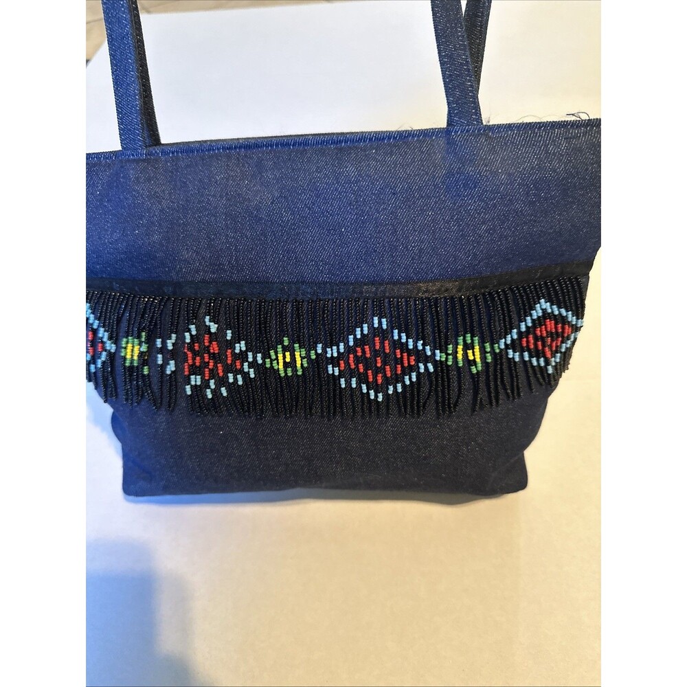 Boutique Dark Denim Shoulder Bag Women’s Purse Beaded Fringe Southwest Diamond